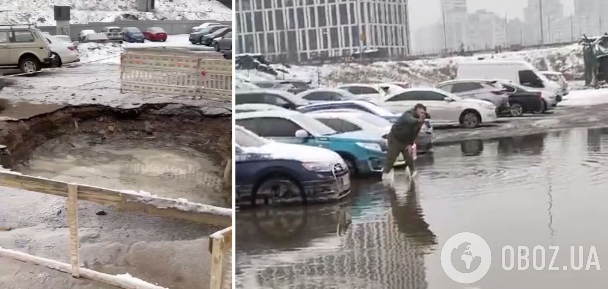Водой затопило автомобили на стоянке