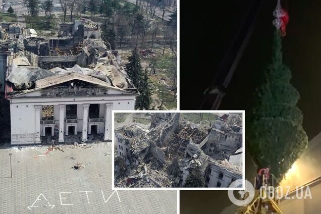 Праздник на костях: оккупанты установили новогоднюю елку возле Драмтеатра в Мариуполе. Видео