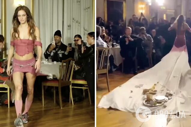 Модель підкорила мережу дефіле в сукні, яка виявилася скатертиною і змела все зі столу, на вінтажному показі моди в Копенгагені