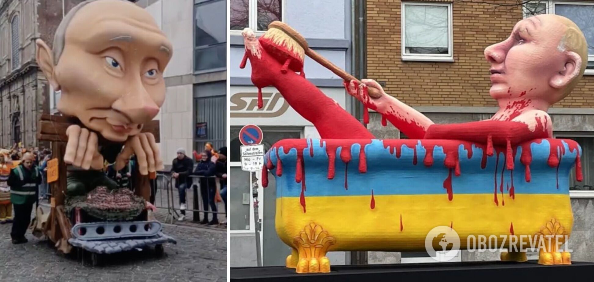 Путин в кровавой ванне и поцелуи с дьяволом: война в Украине стала главной темой карнавалов в Германии и Бельгии. Фото и видео
