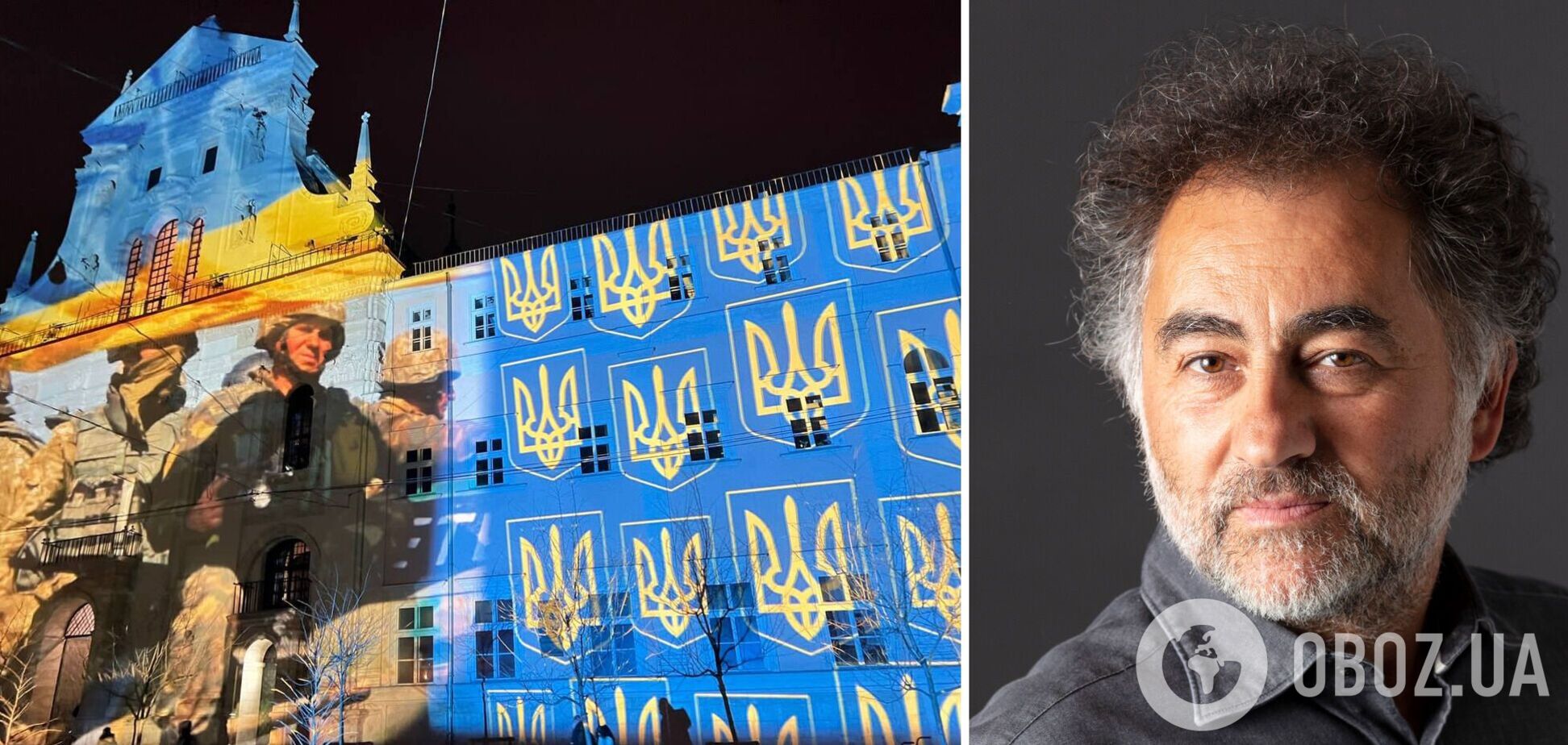 Всемирно известный художник Герри Хофштеттер подсветил здание во Львове в знак солидарности с Украиной. Фото