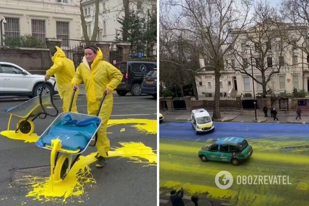 В Лондоне улицу перед посольством России выкрасили в цвета украинского  флага – видео и подробности | OBOZ.UA