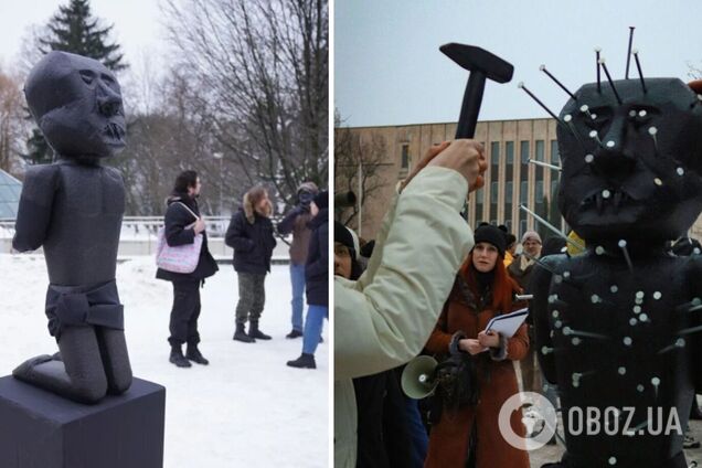 Забити цвях може кожен бажаючий: в Ризі біля посольства РФ встановили гігантську ляльку вуду у вигляді Путіна. Фото