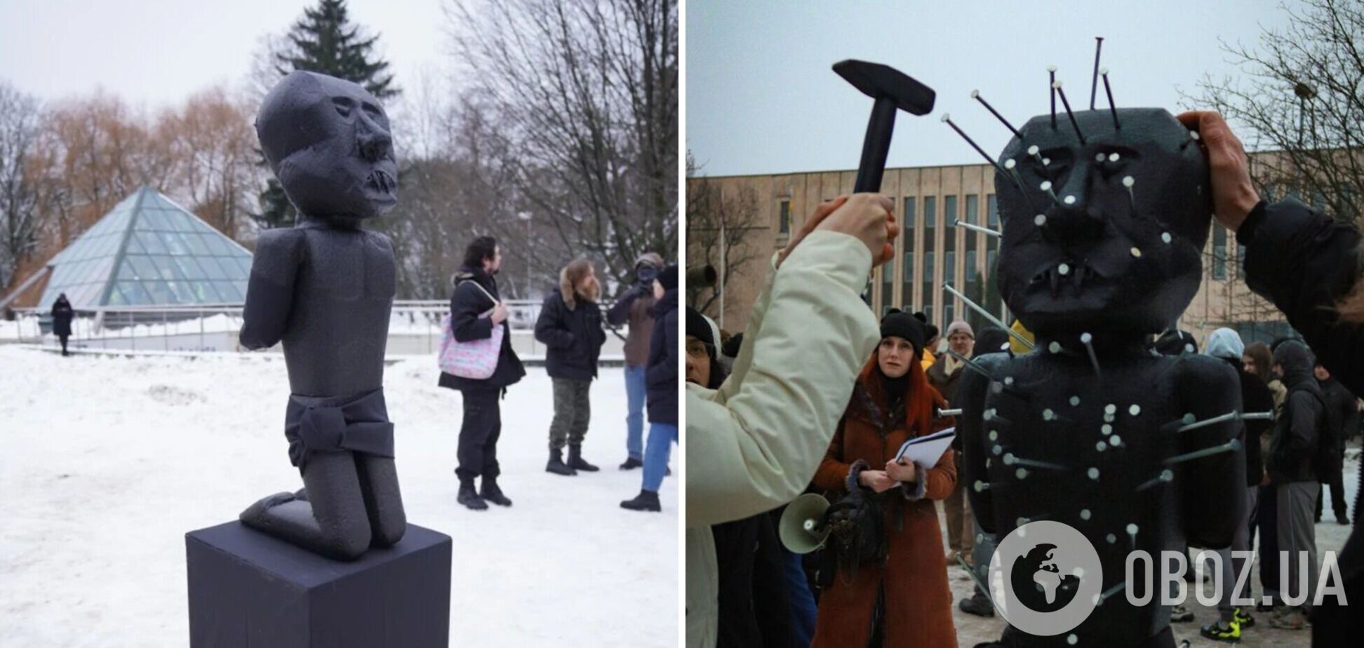 Забити цвях може кожен бажаючий: в Ризі біля посольства РФ встановили гігантську ляльку вуду у вигляді Путіна. Фото 