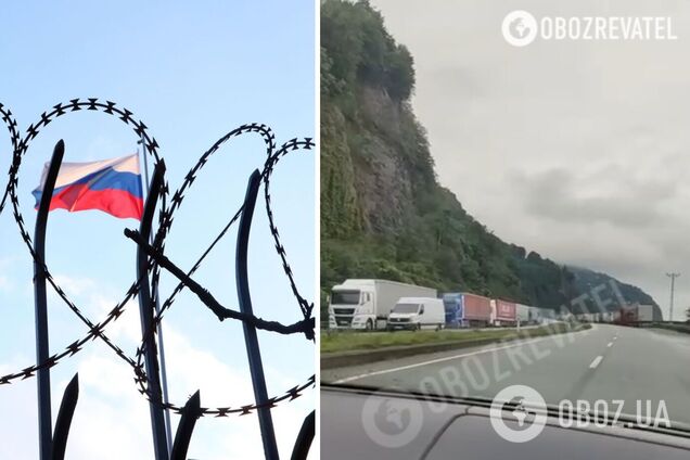 Грузовики с товарами из Турции стоят в пробке на въезде в Грузию