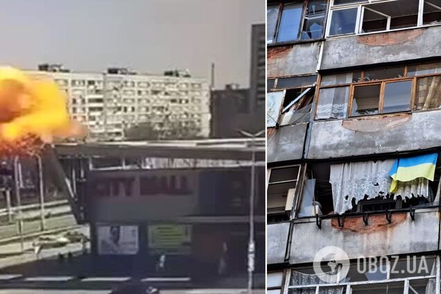 На многоэтажке в Запорожье, пострадавшей от ракетного удара РФ, уцелел флаг Украины. Фото