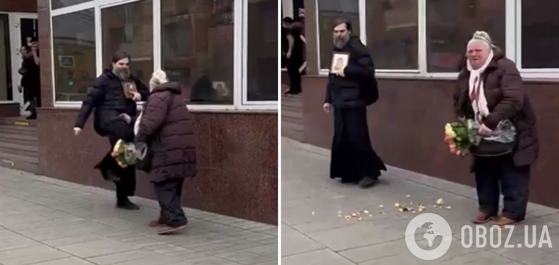 У Росії чоловік у рясі та з іконою в руках, який просив милостиню, побив пенсіонерку: не сподобалася 'конкуренція'. Відео