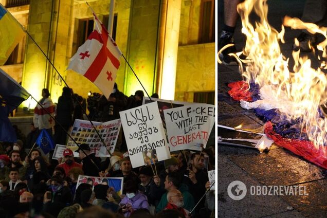 В Тбилиси сожгли флаг РФ, а в Батуми пели гимн Украины: как прошел третий день протестов в Грузии. Фото и видео