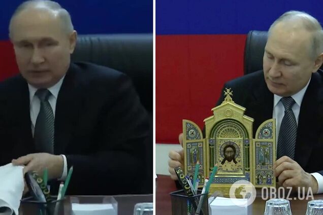Будут работать вместо ПВО? Путин во время 'визита на Херсонщину' подарил иконы военным РФ и был высмеян в сети. Видео