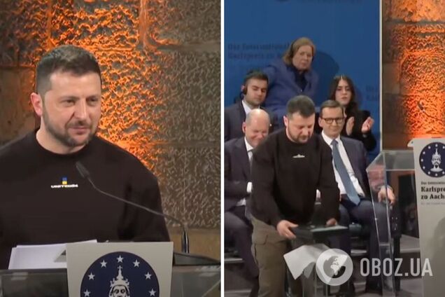 'Россияне свалили' награду Карла Великого во время мощной речи Зеленского: президент пошутил и сорвал шквал аплодисментов. Фото и видео