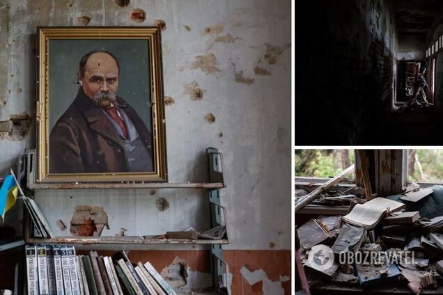 'І на оновленій землі врага не буде, супостата': в разрушенной библиотеке освобожденного Благодатного уцелел портрет Шевченко. Фото