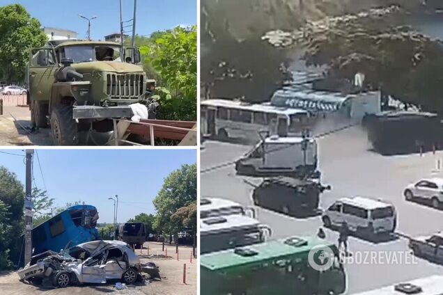 У Севастополі вантажівка окупантів розчавила пішохода, зім'яла авто і влетіла в тролейбус: момент смертельної ДТП потрапив на відео 