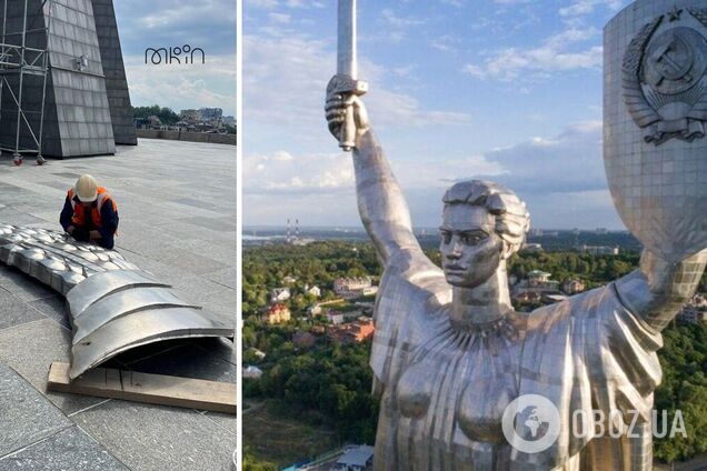 В Киеве начали демонтировать советский герб с монумента 'Родина-мать'. Исторические кадры