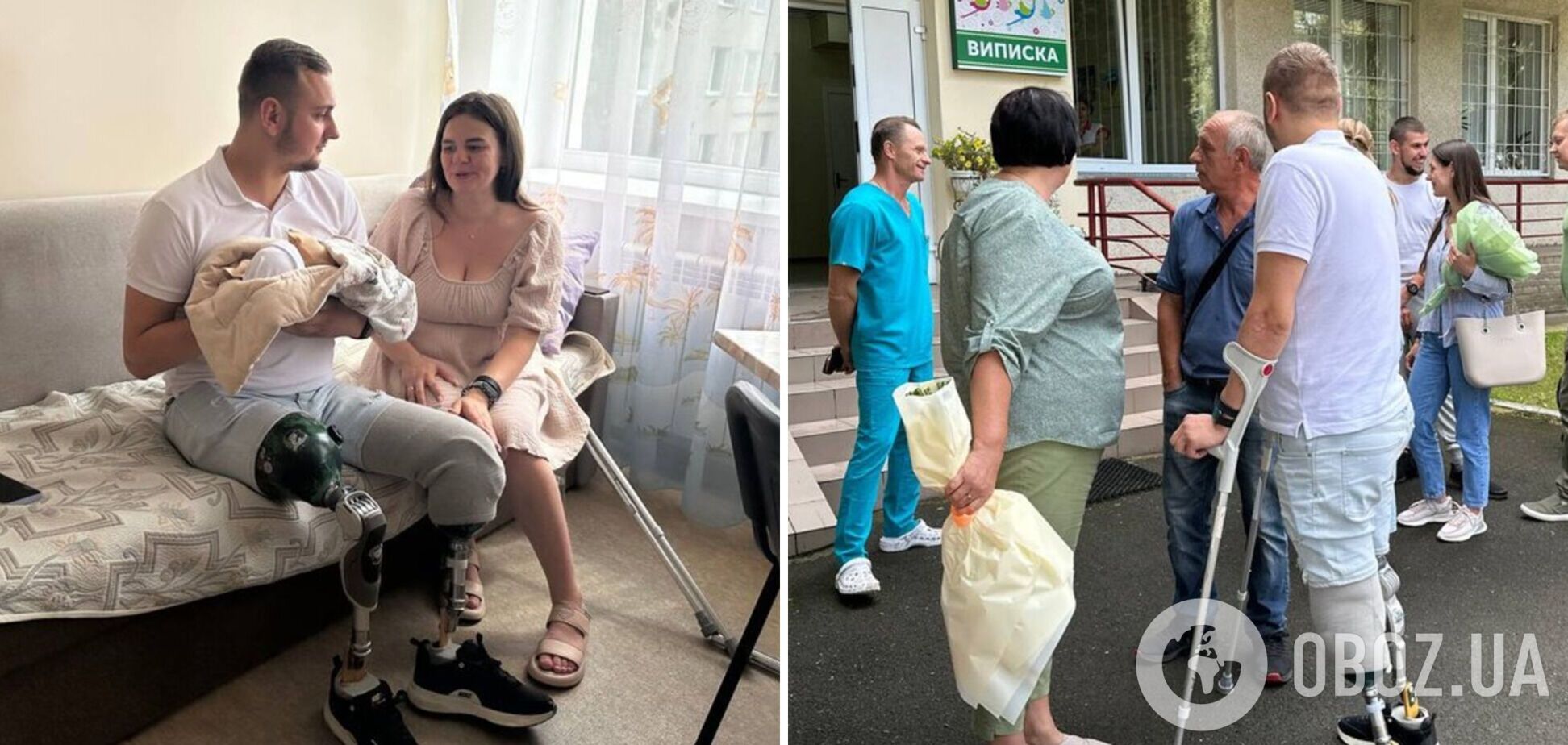 Військовий з Волині, який втратив обидві ноги, навчився ходити на протезах і забрав дружину з сином із пологового. Фото