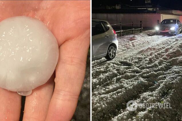 Размером с мяч для гольфа: в Швейцарии выпал огромный град, есть пострадавшие: улицы выглядели как засыпанные снегом. Фото