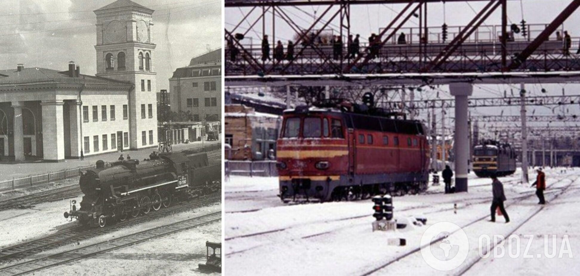 В первые годы электрификации железной дороги на вокзале стояли электрички и паровозы