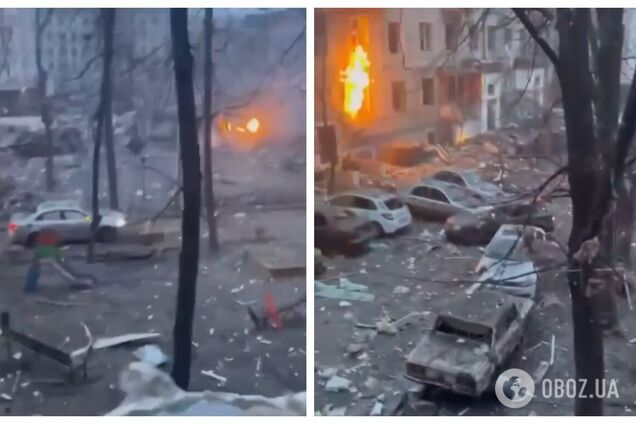 Горящие квартиры и изуродованные авто: житель дома в Харькове, раненый во время атаки, показал последствия удара РФ. Видео