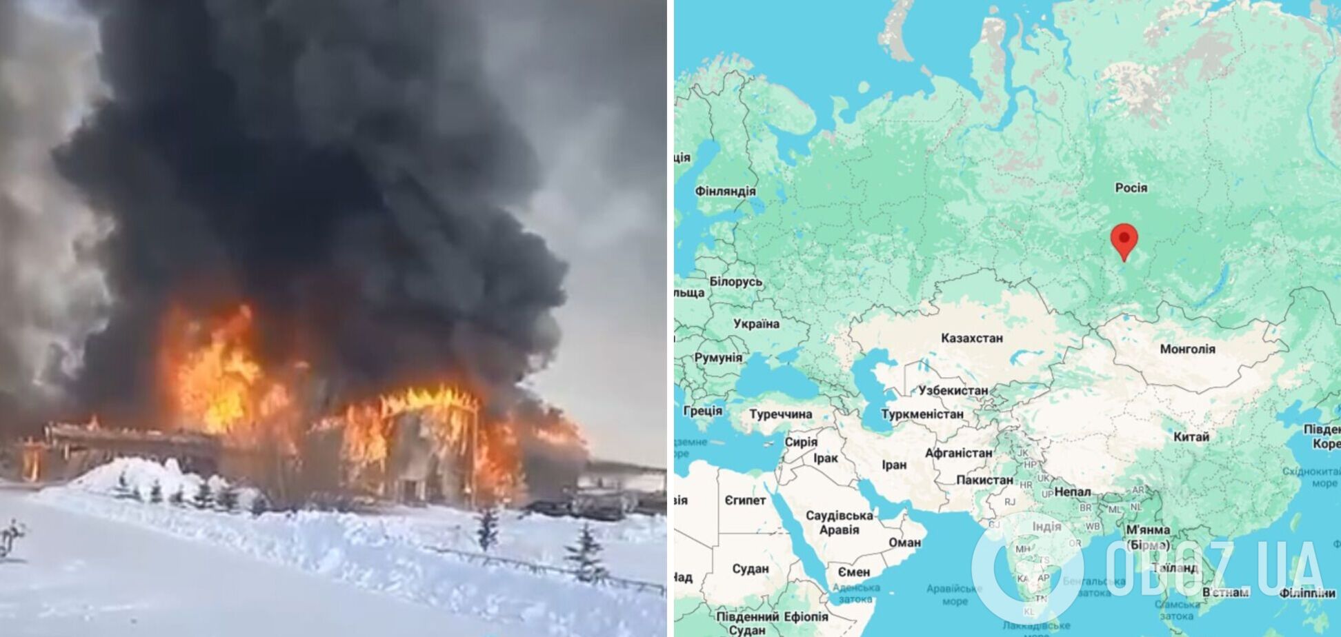 В Красноярском крае вспыхнул мощный пожар на производстве: поднялась стена дыма и огня. Видео