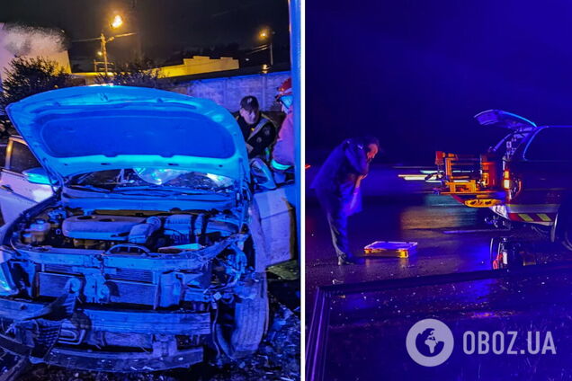 У Києві легковик протаранив опору білборда: водія з понівеченого авто діставали рятувальники. Фото