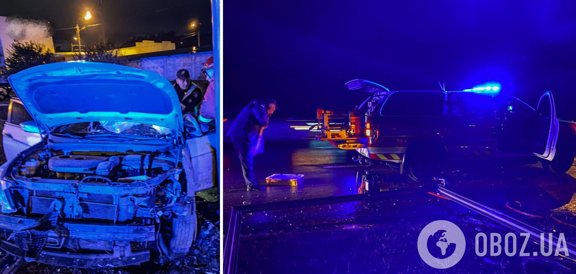 У Києві легковик протаранив опору білборда: водія з понівеченого авто діставали рятувальники. Фото