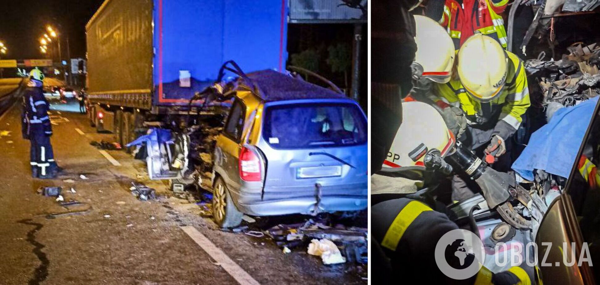 В Киеве легковушка на скорости протаранила грузовик: водителя из авто доставали спасатели. Фото