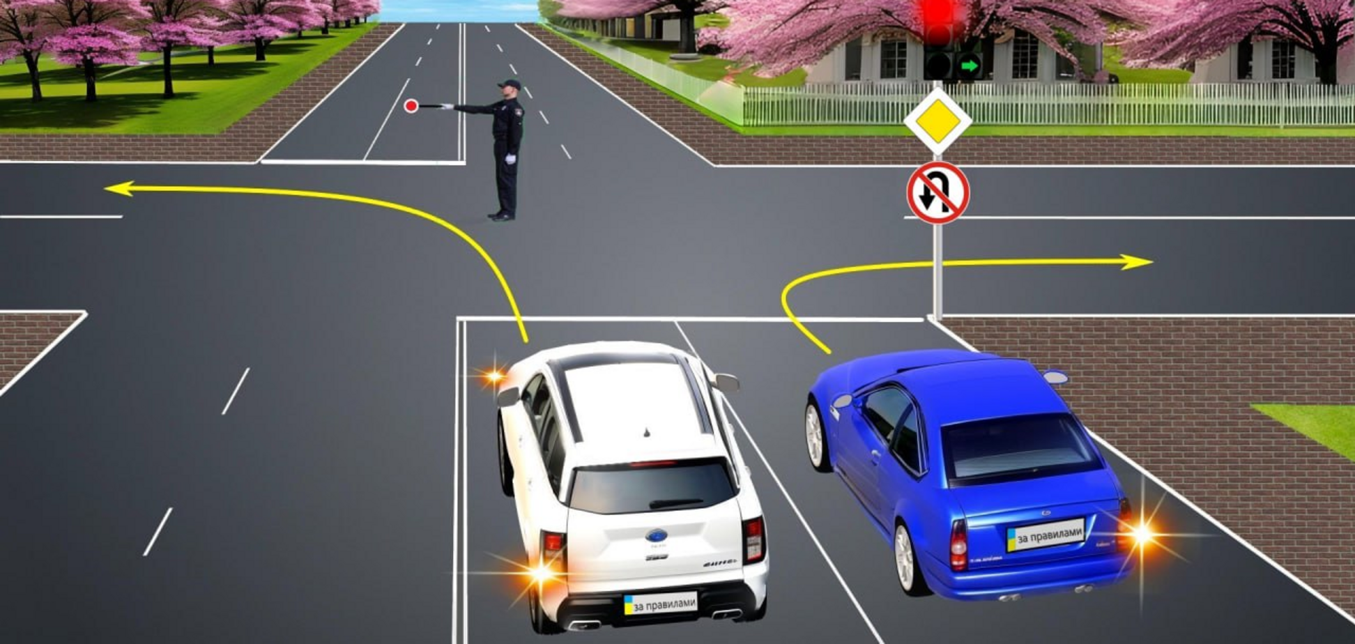 Кто из водителей имеет право выполнить поворот? Задание на знание ПДД