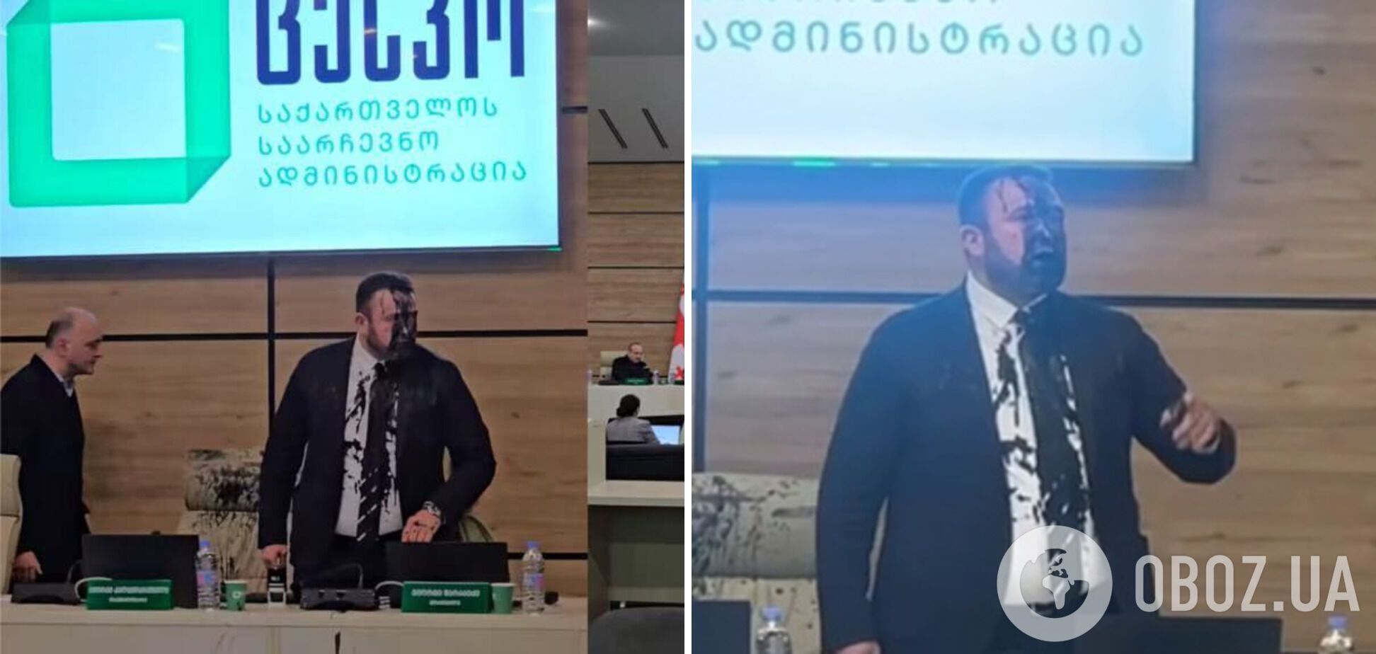 'Ти – ганьба нашої країни': голову ЦВК Грузії облили чорною фарбою після оголошення перемоги 'Грузинської мрії'. Відео