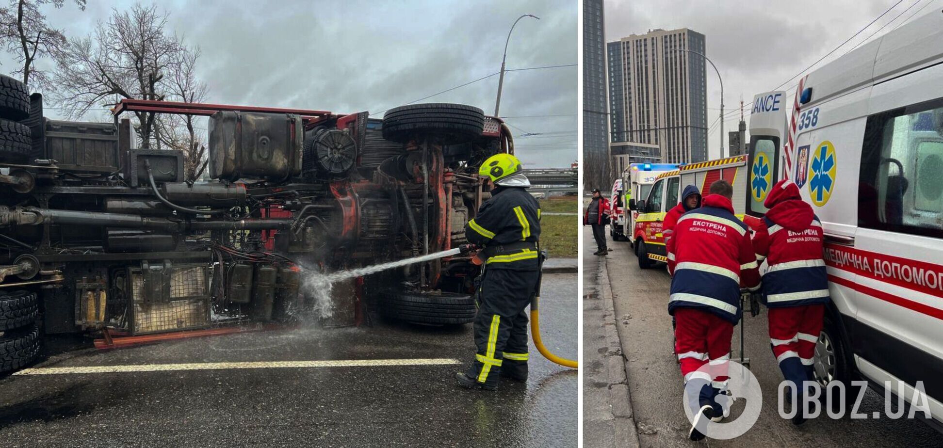 У Києві на проспекті Глушкова перекинулась вантажівка, є постраждала. Подробиці та фото