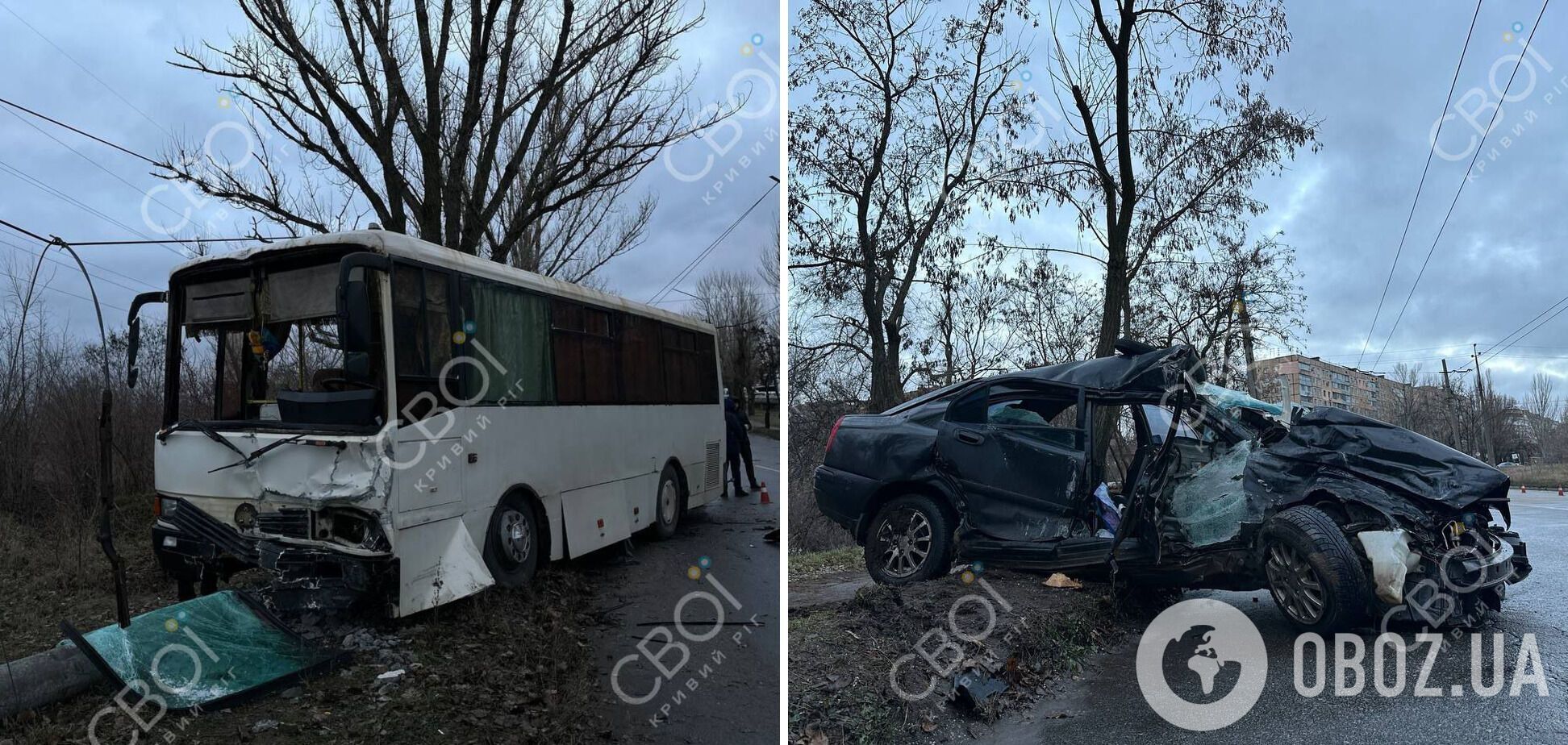 У Кривому Розі авто влетіло в автобус, а той протаранив стовп: є жертва і постраждалий. Фото і відео