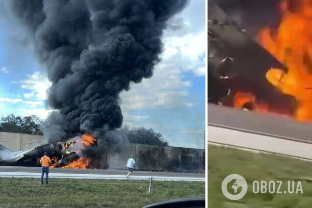 В США частный самолет упал на шоссе и врезался в автомобиль: вспыхнул пожар, есть погибшие. Фото и видео