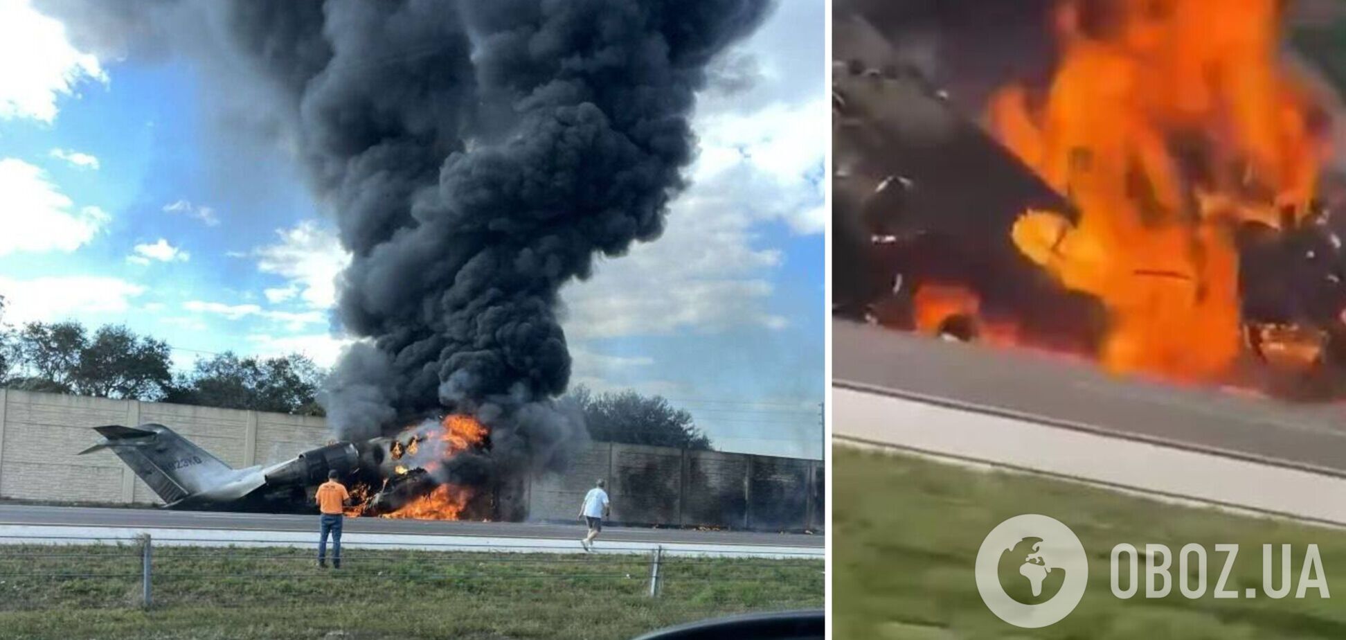 В США частный самолет упал на шоссе и врезался в автомобиль: вспыхнул пожар, есть погибшие. Фото и видео