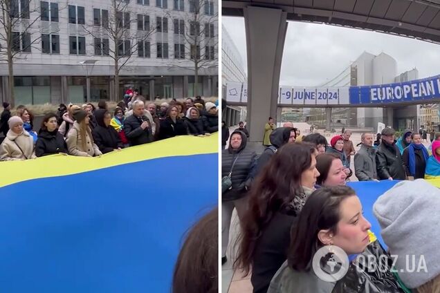 В Брюсселе перед Европарламентом развернули 30-метровый флаг Украины. Видео