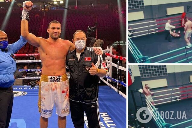 Знаменитый украинский супертяж выиграл бой, отправив соперника трижды в нокдаун. Видео