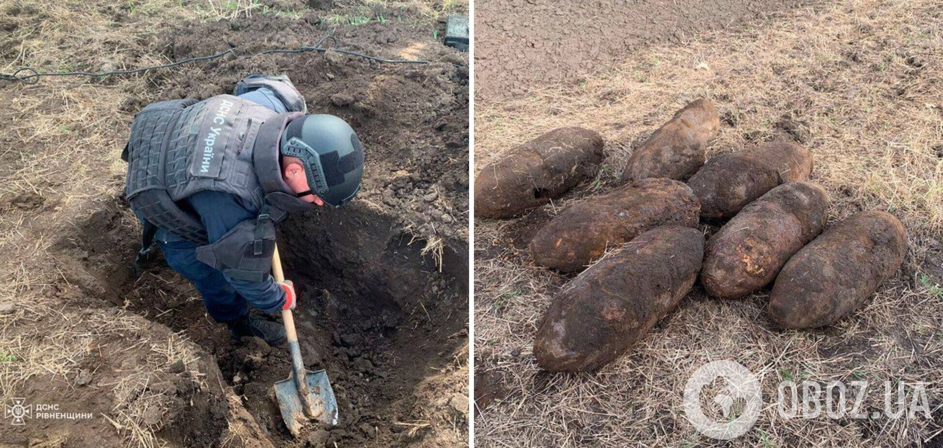 Находились в боевом состоянии: на Ривненщине саперы ГСЧС откопали и уничтожили 7 фугасных авиабомб. Фото