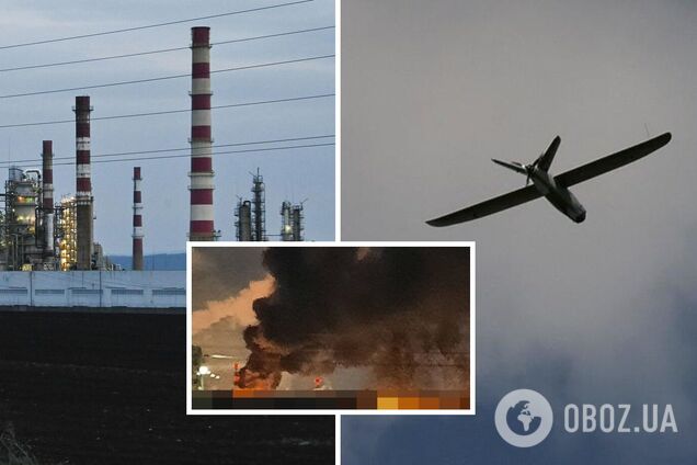 Піднявся стовп вогню і чорного диму: з'явилися фото потужної пожежі на НПЗ 'Лукойл' у Росії після атаки дрона