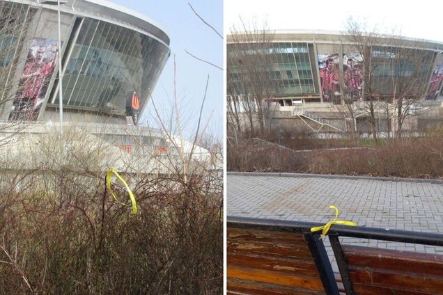 'Борьба продолжается': в Донецке у 'Донбасс Арены' патриоты разместили символы сопротивления оккупантам. Фото