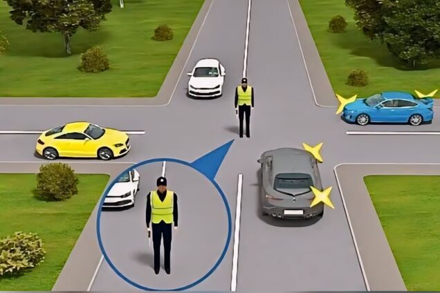 Можно ли ехать направо? Задание на знание сигналов регулировщика