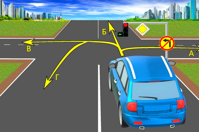 За яким напрямком  на перехресті зможе проїхати авто: складне завдання з ПДР для уважних