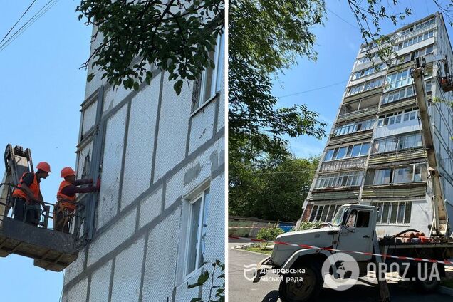 У Дніпрі відновлюють фасад будинку ОСББ, який постраждав через ворожий ракетний обстріл