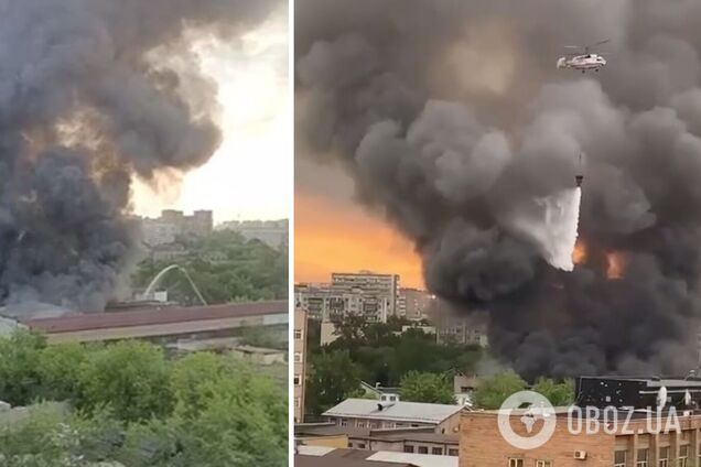 В Москве вспыхнул мощный пожар: валит черный дым, к борьбе с огнем привлекли авиацию. Видео