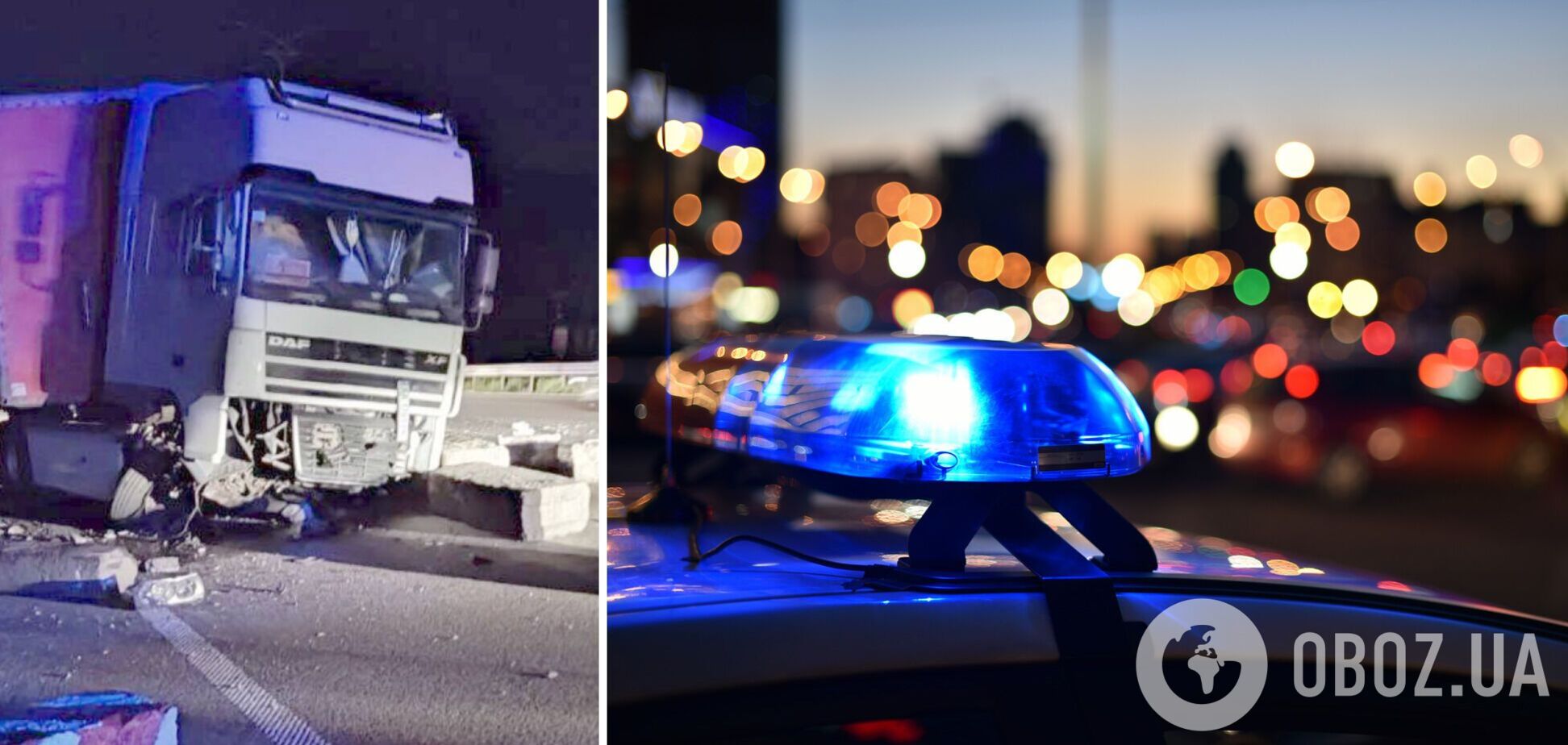 Грузовик на скорости протаранил бетонные блоки.