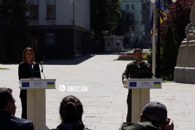 Роберта Метсола и Владимир Зеленский на пресс-конференции в столице Украины