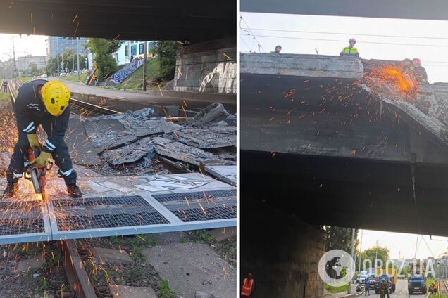 Обвал мосту в Києві: рятувальники розчищають автошлях і трамвайну лінію, щоб якнайшвидше відновити рух. Фото
