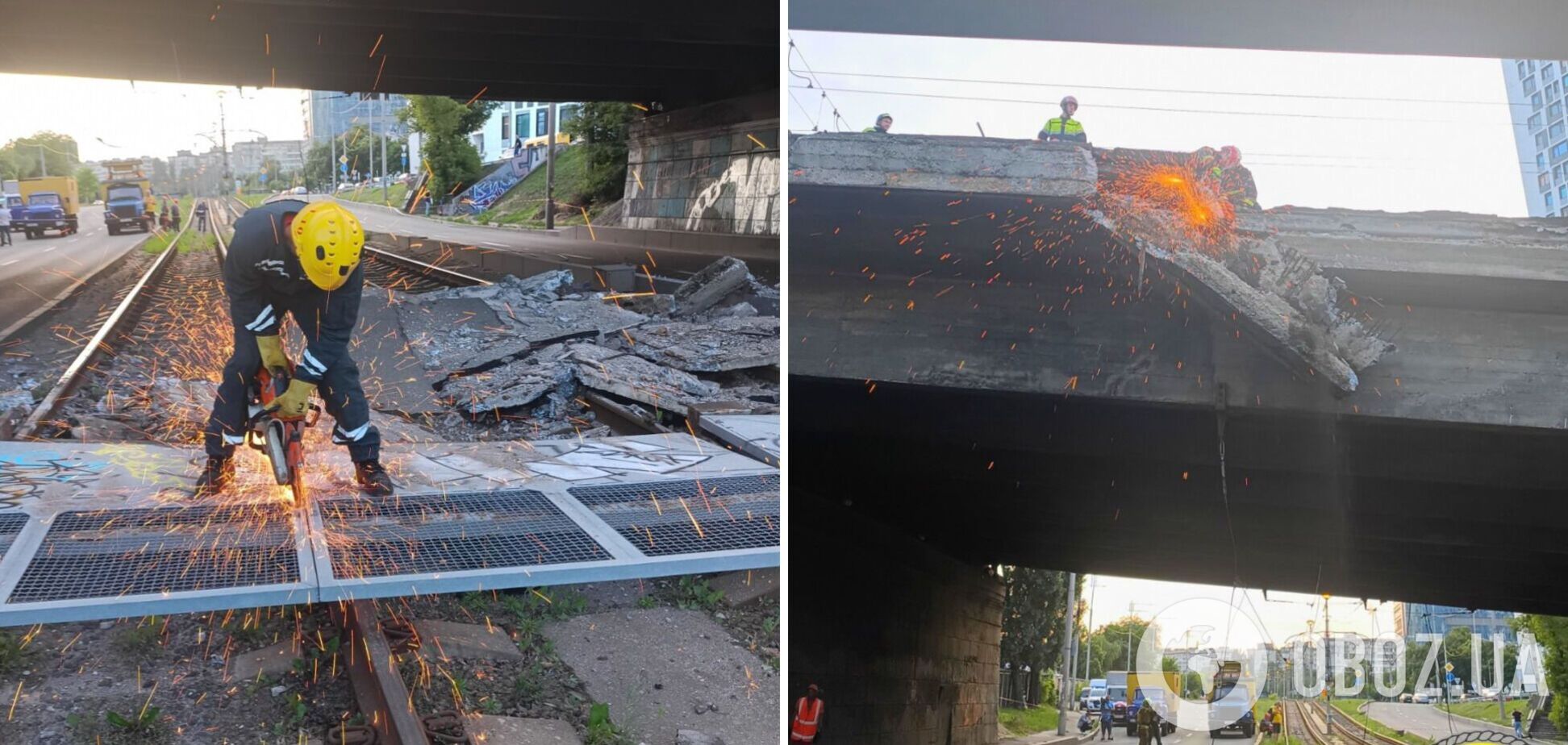 Обвал моста в Киеве: спасатели расчищают автодорогу и трамвайную линию, чтобы как можно быстрее возобновить движение. Фото