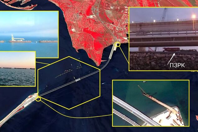 Боятся дронов: россияне увеличили количество защитных барж возле Крымского моста. Фото