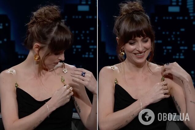 Платье Дакоты Джонсон просто упало во время интервью, но звезда '50 оттенков серого' выкрутилась. Видео