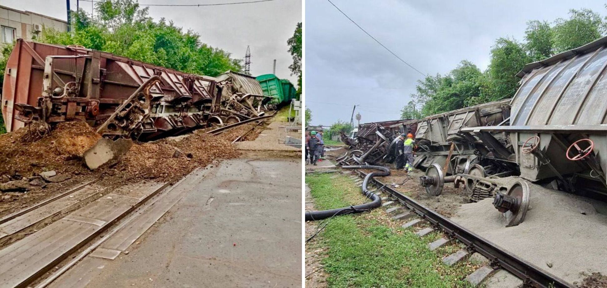 В России сошел с рельсов грузовой поезд: три вагона перевернулись. Фото