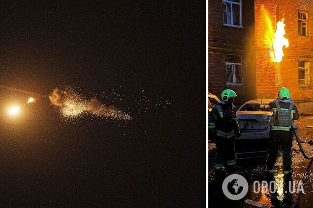 Уламки впали біля будинку й на території дитсадка: в Києві через ворожу атаку постраждав чоловік із дитиною, пошкоджені десятки авто. Фото