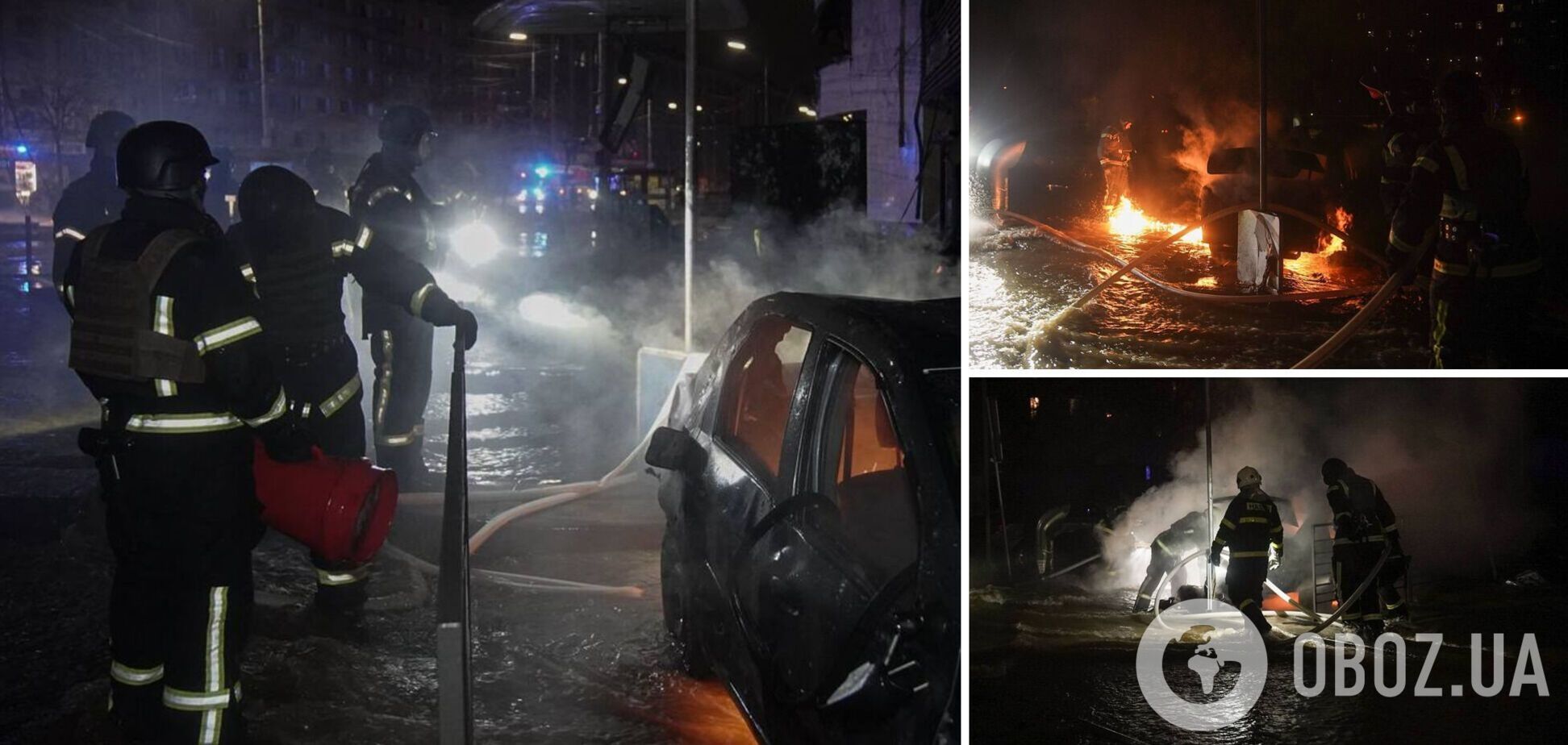 Сгоревшие авто, выбитые окна и 'наводнение': в ГСЧС показали первые фото последствий атаки армии РФ на Киев