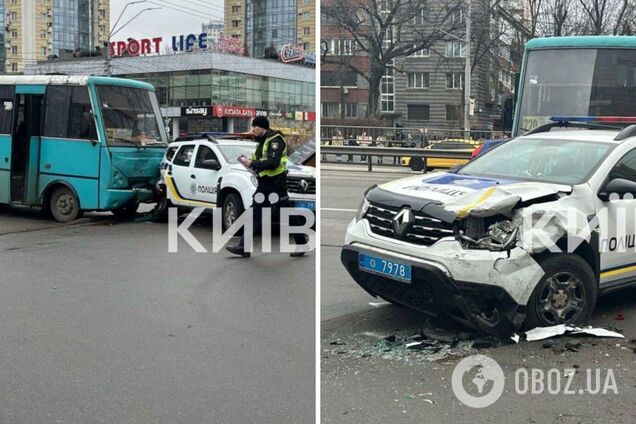 У Києві маршрутка протаранила два поліцейських авто: відео з місця ДТП